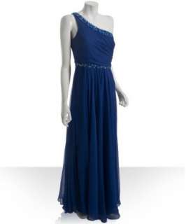 BCBGMAXAZRIA sapphire blue silk chiffon beaded one shoulder gown 
