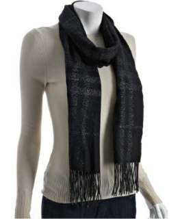 Burberry black wool metallic check fringe scarf   