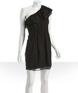 Shoshanna black swiss dot silk blend ruffle one shoulder dress