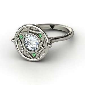  Trinity Ring, Round Diamond Platinum Ring with Emerald 