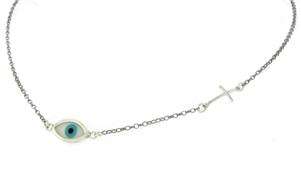 Evil Eye Mother of Pearl Cross Chain Silver Necklace  