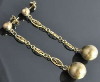   Vintage 14K Yellow Gold Filigree Chain Satin Ball Dangle Post Earrings