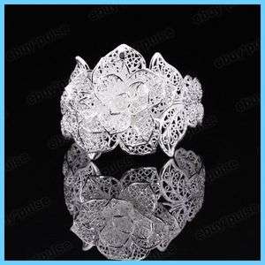 White Silver Big Carve Flower Leaf Cuff Party Bridal Bangle Bracelet 