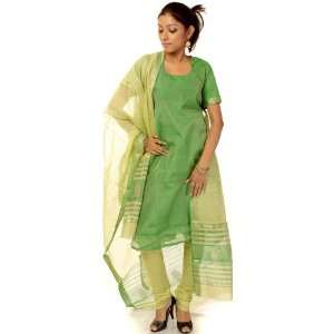Green Tissue Chanderi Choodidaar Suit with Golden Bootis   Pure Cotton 