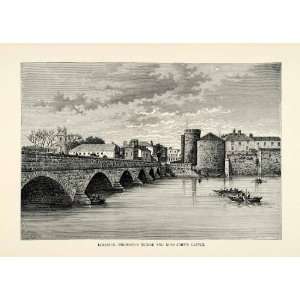 1882 Wood Engraving Limerick Ireland Thomonds Bridge King Johns Castle 
