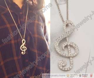 Fashion White Crystal Musical Note Long Chain Necklace  