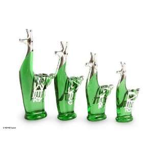 Blown glass silver leaf figurines, Emerald Llama Glamour (set of 4 