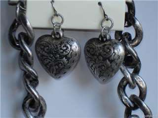Chunky Western Antique Silver Tone Acrylic Heart Costume Statement 