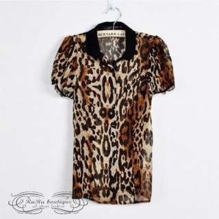 New 2012 Womens Shirt/Blouse/Top Peter Pan Collar Buttons Back Leopard 