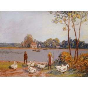   : By the River Loing: Alfred Sisley Hand Painted Art: Home & Kitchen