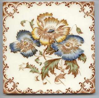 Antique Majolica tile VICTORIAN AESTHETIC STYLE FLOWERS  
