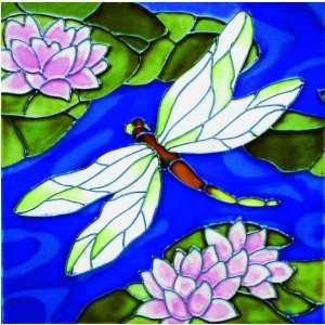 Dragonfly on Pink Water Lily Flowers 8x8x0.25 inches Ceramic Art Tile