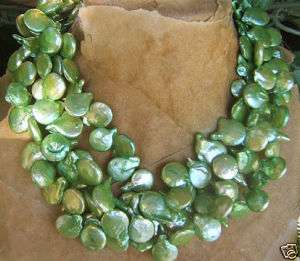 GREEN TAHITIAN COIN PEARL SEA NECKLACE LIME MINT SHIMMER OCEAN PEARLS 