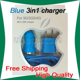 Green USB 3 in 1 Car Charger+AC Charger+Cable for iphone 3G 3GS 4G U.S 
