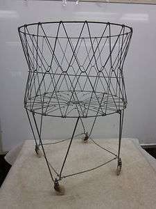 Vintage Rolling Collapsible Wire Laundry Cart 31h x22round  
