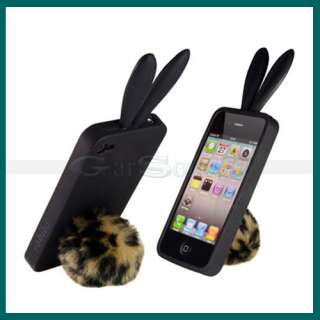 black 3D RABBIT tail RUBBER Skin case cover for Apple iphone 4 4G 