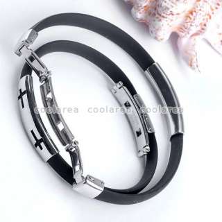   Cross Stainless Steel Black Rubber Cuff Wristband Bracelet  