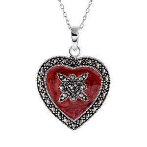  Marcasite and Red Enamel Heart Pendant Jewelry
