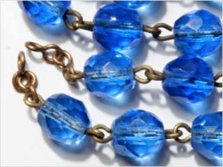   VINTAGE WIRE SAPPHIRE BLUE GLASS BEADS LAMP NECKLACE ROSARY PRISM