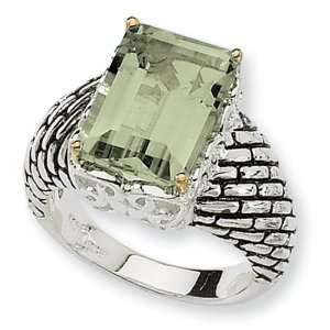  Sterling Silver and 14k 6.80ct Green Amethyst Ring 