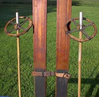 VINTAGE Wooden Skis 70 Long + OLD Bamboo Poles ANTIQUE  