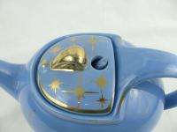   Pottery China Cadet Blue Hook Cover Teapot 6 Cup Gold Floral #0749