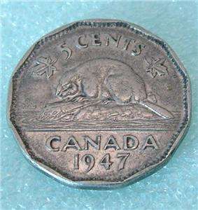 1947 CANADA FIVE 5 CENT Nickel CANADIAN Coin  