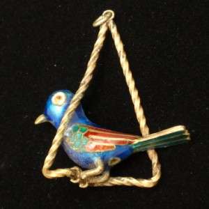 Bird on a Perch Pendant Vintage Enamel  