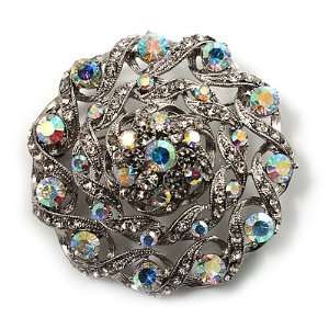  Dome Shaped AB Crystal Corsage Brooch (Silver Tone 