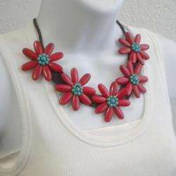 Cotton Rope Red Coral and Turquoise Flower Necklace (Thailand 