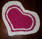 Handmade Crochet Rag Rug Heart Shape Pink & White Upcycled Fabric