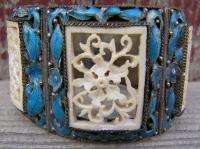   Hinge Bracelet Marked CHINA Carved Ox Bone & Blue Enamel c1900  