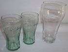 Lot of 2 green glass Coca cola 4 oz. juice glasses and 1 Clear enjoy 