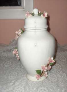 Vintg Capodimonte Porcelain Ginger Jar With Lid Vines Pink Flowers 
