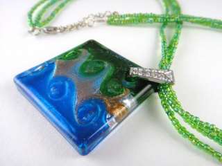 A1701 murano pendant seed beads necklace green square  