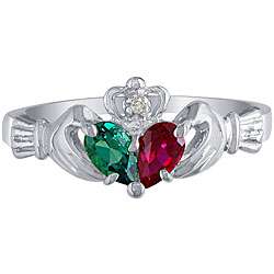 10k White Gold Created Emerald, Created Ruby and Diamond Claddagh Ring