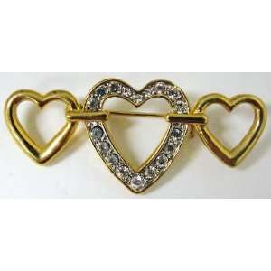    THREE 3 HEART BROOCH / PIN GOLD WITH CLEAR STONES 