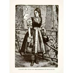  1901 Wood Engraving Peasant Girl Costume Water Jug Dress 