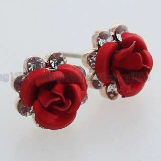 18K GP Red Rose Flower 0.6CT Clear Crystal Stud Earrings 83709 Free 