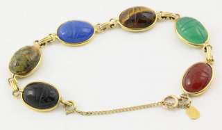   12Karat Gold Filled and Genuine Stone Scarab Bracelet Agate Tigers Eye