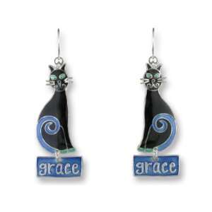  Grace Black Cat Enamel & Sterling Silver Dangle Earrings 