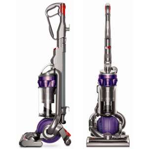 Front and side views of a purple Dyson vacuum