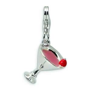  Sterling Silver 3 D Pink Enameled Martini W/Lobster Clasp 