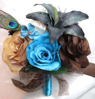   Bouquet Bridal Silk flowers BROWN TURQUOISE CREAM PEACOCK LILY 17pc