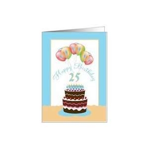  25th Happy Birthday Cake Lit Candles and Balloons Card 