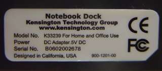 Kensington Laptop Notebook Docking Station Dock K33239  