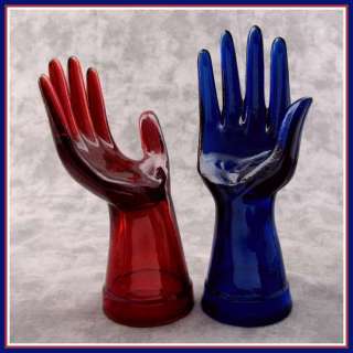 COBALT BLUE AND RED GLASS MANNEQUIN JEWELRY RING DISPLAY HANDS 
