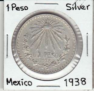 Mexico $ 1 Peso Silver Coin 1938 Coin Paper Money Exc.  