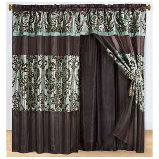   Flocked Floral Aqua and Coffee Curtain Set w/ Valance/Sheer/Tassels