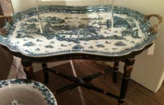 NEW BLUE & WHITE PORCELAIN TRAY TABLE ON BLK GLD STAND  